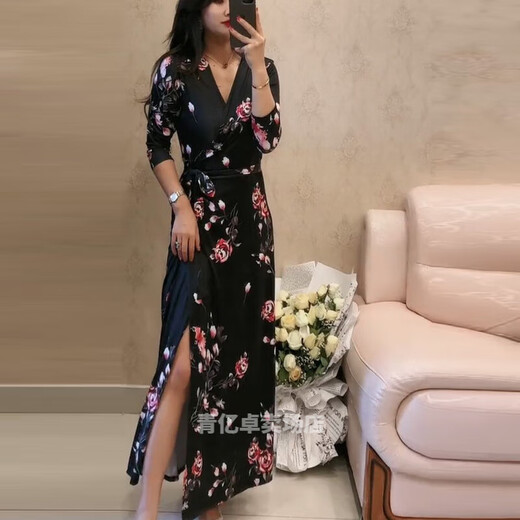 NYCKJK Temperament Fleischbedeckte Wickelrock Retro Blumenschleife 2022 Frühling und Sommer Neues schwarzes langes einteiliges Kleid 3271 s