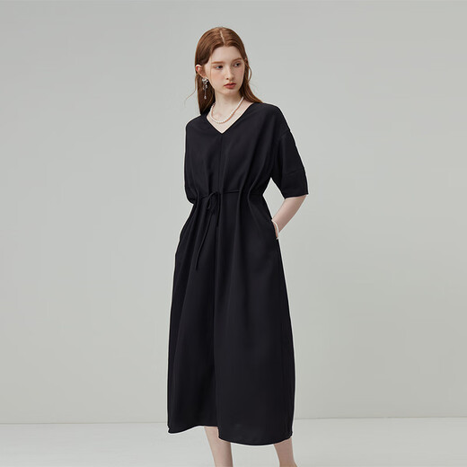 Fan Silan 23FS12595 French lazy waist pleated dress mid-length five-point lantern sleeve skirt Black S