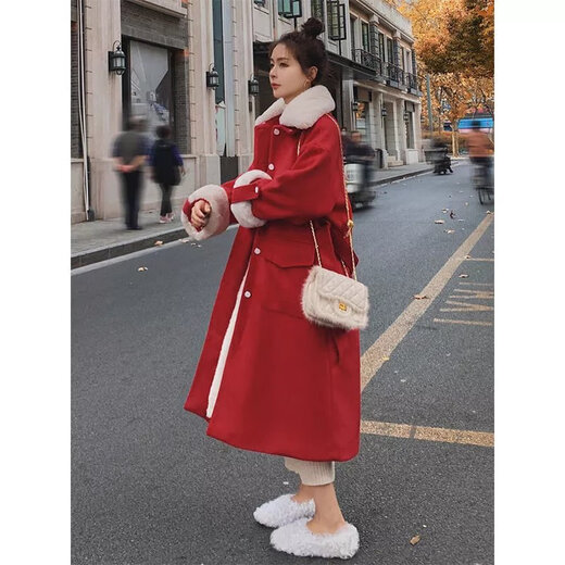 红色毛呢外套女长款2022年新款冬季加绒加厚保暖派克棉服大衣 7895红色 【加绒加厚】 L 建议100-120斤