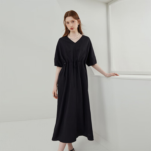 Fan Silan 23FS12595 French lazy waist pleated dress mid-length five-point lantern sleeve skirt Black S