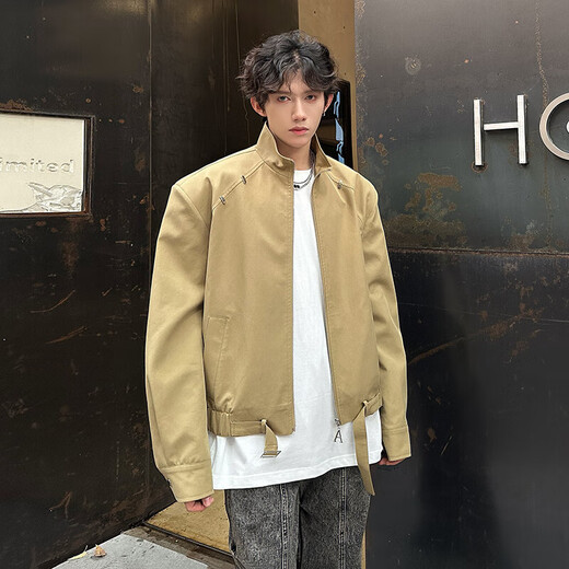 QGF American high street shoulder pad jacket for men and women in spring and autumn new short style handsome fashion brand top clothes high-end jacket black XL recommended 110-130Jin Jin is equal to 0.5 kg