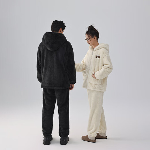 Kissing Cat Soft Velvet Hooded Couple Pajamas Women's Autumn and Winter Men's Suits Home Clothes Thickened and Can be Weared Outside 4749 Milkshake White Women's L