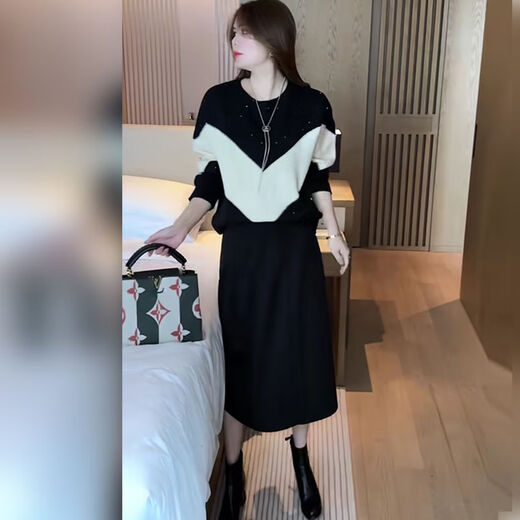 Ai Manjie Dress Women's Fashion Sweater Suit Women's Two-piece Set Autumn and Winter New Loose Age-reducing Fashionable Western Women's Clothing Brown Top + Skirt L Recommendation (105-115Jin Jin equals 0.5 kg)