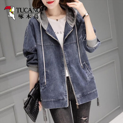 Woodpecker denim jacket women's short 2025 spring and autumn new Korean loose hooded casual baseball uniform top 9887 models L 112-123Jin [Jin equals 0.5 kg]
