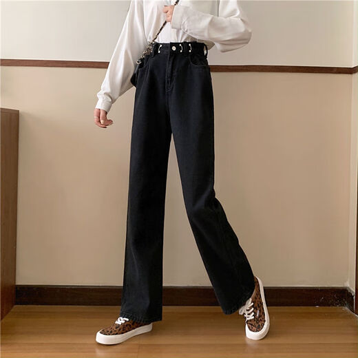 
Xilino 2025 Spring and Autumn Korean version of high-waisted black jeans for women Chc straight-leg students versatile slimming wide-leg pants light blue basic style 9928 M