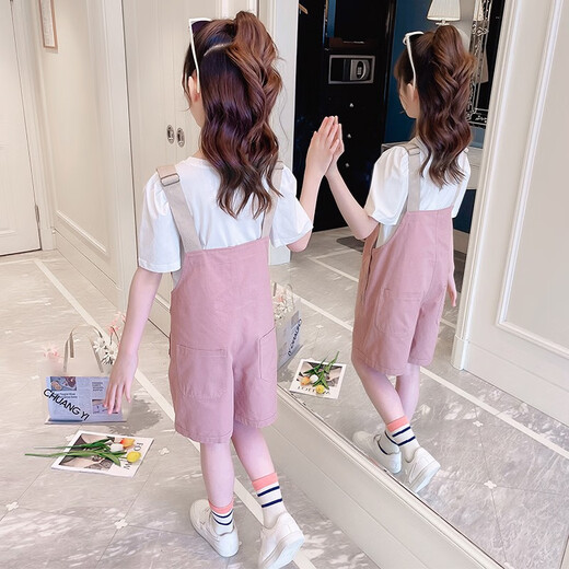小咕嘟熊童装女童套装夏装中大儿童装休闲短袖两件套小女孩衣服背带裤服装 粉色 140
