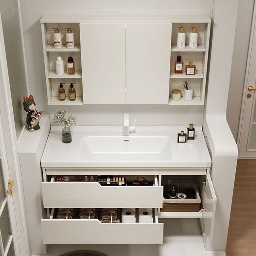 Kaixinuo Oak Hidden Feng Shui Mirror Bathroom Cabinet Integrated Ceramic Basin Cream Style Hand Washing Face Washstand Basin Cabinet Combination 80cm Hidden Feng Shui Mirror Cabinet + Installation