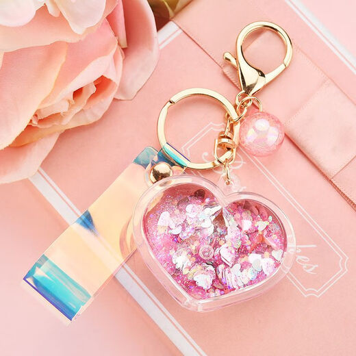 
School bag hanging chain for women creative acrylic into oil bottle quicksand love keychain glitter pink peach heart women Korean cute jewelry pink + fantasy beads + short fantasy color rope quicksand love heart
