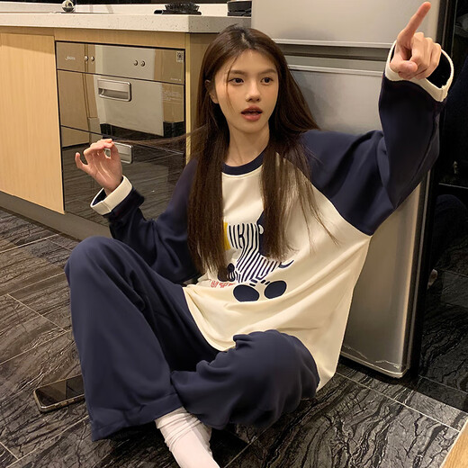 IOSN2024 new pajamas for women in spring, autumn and winter long-sleeved internet celebrity style loose student cotton women autumn home clothing MZY-16804-Pullhead double length-white puppy M80-100Jin[Jin equals 0.5 kg]