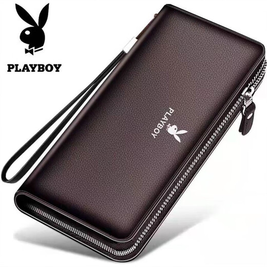 Playboy men's long wallet handbag 2024 genuine leather texture multi-card large-capacity mobile phone bag, brown color single pull + classic coffee