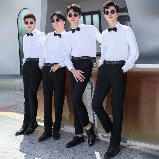 Ning Xinyan best man dress white shirt brother group clothes wedding suit dress men's suit vest strap summer shirt clothing long sleeve shirt + bow tie (SJ) L