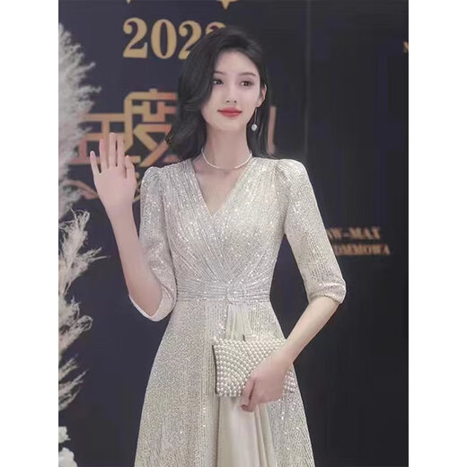 Nuoliti (NUOLITI) high-end small evening dress for women, banquet style, light luxury, high-end sense, noble lady annual meeting host atmosphere, champagne color long style L
