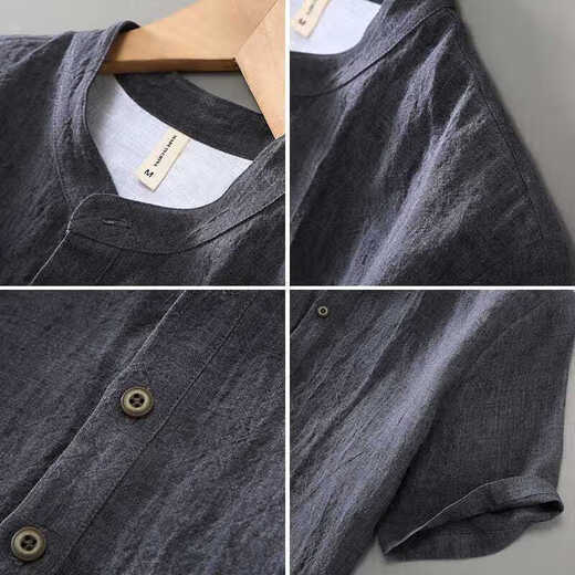 Jingkongtan retro cotton and linen short-sleeved T-shirt men's thin loose summer new men's cotton and linen stand collar half-sleeved top casual trend gray black 2XL