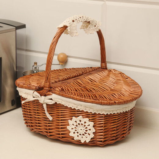 Sushu Home Covered Towel Basket with Cover and Partition Willow Rattan Picnic Basket Shopping Gift Basket Hotel Property Haidilao Towel Cleaning Basket Brown Linen Large Size