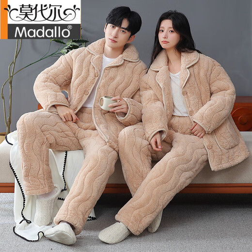 Modal coral velvet pajamas couple outfits for men and women autumn and winter style plus velvet thickened three-layer cotton warm home clothing set 1365 couples 2XL 3-layer women's style