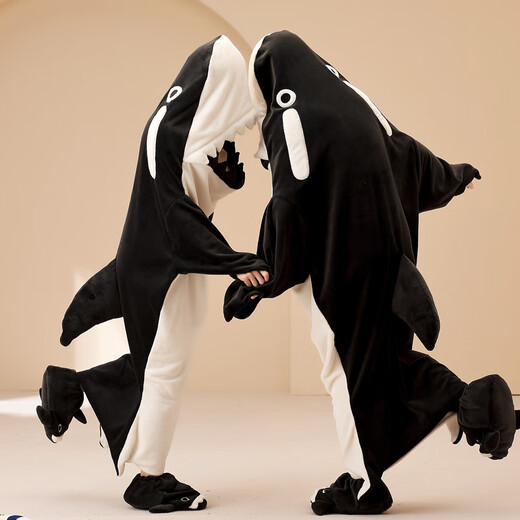 Youshi Fei Shark Couple Pajamas Autumn and Winter Thickened Coral Velvet One-piece Sleeping Bag Cute and Funny Men and Women Social Horror Nightgown JS Velvet #4840 Shark (Including Shoes) 3XL Male 180-200Jin Jin is equal to 0.5 kg