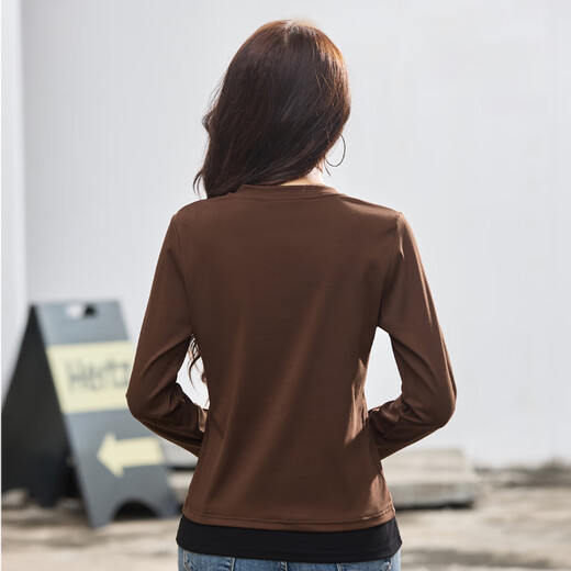 F1Maje1T DISEÑADOR DE ALTODA DEL ALGODAD DEL ALGODAD DEL COTHER falso de dos piezas Camiseta de manga larga para mujeres en V neck a principios de otoño nuevo color de contraste camisa de base suelta gris/9894 L [Sugerir peso 110-120 Jin [Jin iguala 0.5 kg]]]