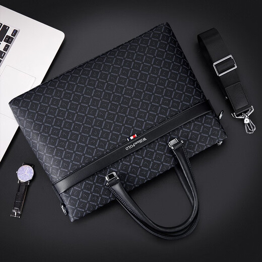 WILLIAMPOLO Men's Gift Business Briefcase Men's Handbag Large Capacity Business Men's Bag 14-inch Computer Bag Fashion Trend Black Plaid (37.8*27.5cm) 14-inch