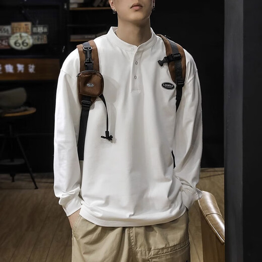 Jeanswest Autumn heavyweight pure cotton Henley collar long-sleeved T-shirt men's spring and autumn sweatshirt American bottoming men's polo shirt top trendy white plus velvet L suitable for 130-145Jin Jin equals 0.5 kg