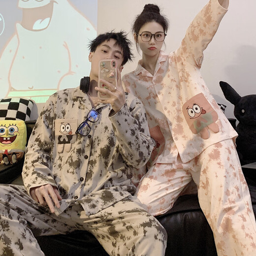 Mobeihai star couple pajamas spring and autumn long-sleeved pure cotton cartoon Japanese ins style men's and women's home wear two-piece set TM-2278 Black Stitch L male