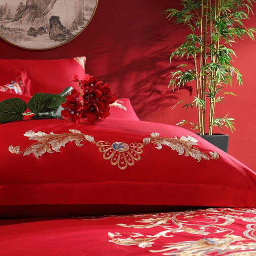 Mercury Home Textiles Wedding Four-piece Set Wedding Bedding Pure Cotton Bed Red Sheet Quilt Cover Pillow Case