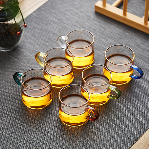 Green Changming glass small tea cup thickened with handle tea cup tea set small cup tea cup six-color tea cup + cup holder