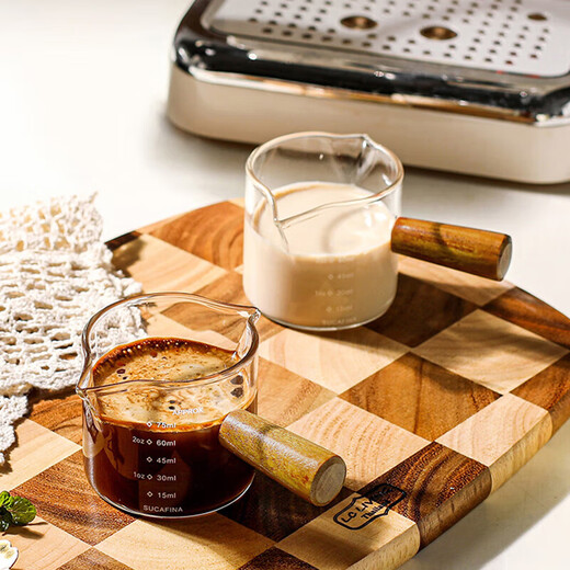 PINYU coffee measuring cup glass with double scale espresso extraction cup double diversion port wooden handle small milk cup