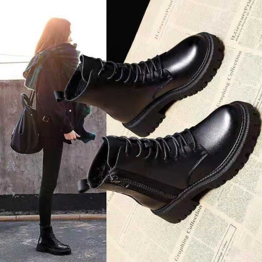Gardenia Martin Boots Women's New Velvet Women's Cotton Shoes Fashionable White Shoes Women's Boots 2022 Autumn Short Boots Women's Korean Style Casual Shoes Warm Leather Boots High-Top Shoes Women's G-18 Black [Fleet] 37 (Priority Shipping)