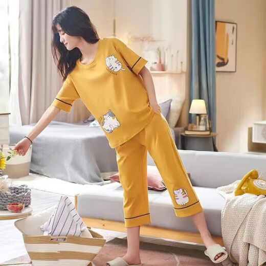 浪莎（LangSha）睡衣女夏季短袖七分裤加大宽松春夏天可外穿卡通可爱家居服套装 短袖七分裤679 L _建议98-115斤穿