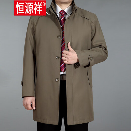 Hengyuanxiang men's windbreaker jacket winter middle-aged and elderly men's windbreaker mid-length casual business jacket middle-aged plus fat plus khaki 190 (recommended 175-190 Jin Jin equals 0.5 kg)