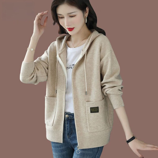 FSHE Hooded Zipper Knitted Cardigan Women's Jacket 2025 Jacket Women's Spring and Autumn New Korean Fashion Loose Thickened Top Beige L 110/120Jin Jin equals 0.5 kg