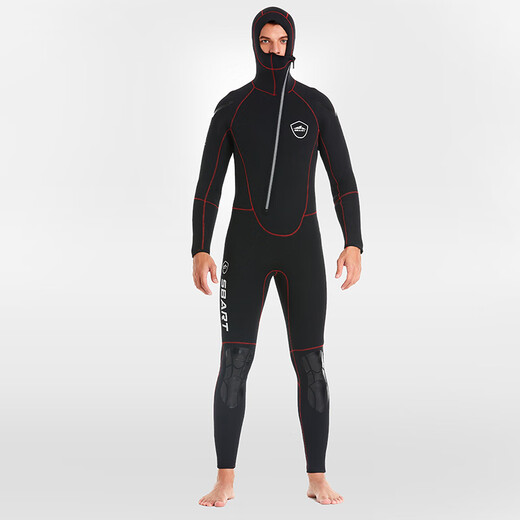 SBART 5MM hooded wetsuit for men, thickened, professional cold-proof and warm, deep diving, fishing, hunting, snorkeling and surfing clothing, winter swimsuit 1528 black hooded 5MM L (65-75KG)