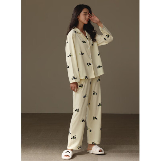 Retenedores estadounidenses Nuevas parejas Pajamas Primavera y Autumn Cotton Pure manga pantalones de manga larga dibujos animados casuales Panda y mujeres Ropa de otoño Autumn Home Style-6198 M