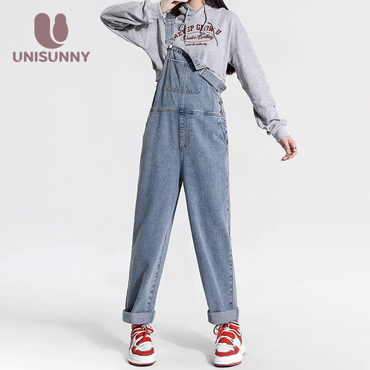 unisunny孕尚孕妇裤子春秋季外穿牛仔背带裤宽松直筒裤小个子孕妇装大码休闲裤 浅蓝 L【建议110～130斤】