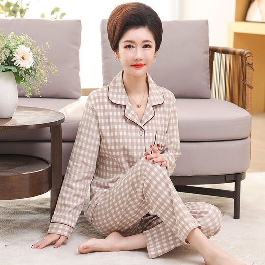 莫代尔中老年妈妈女士睡衣女棉质长袖中年春秋季薄款开衫大码家居服套装 9928JS M 建议80-95斤
