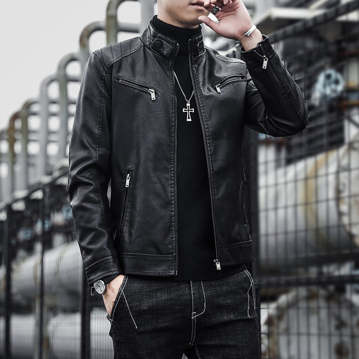 ANDSEEYOU Brand Leather Jacket Men's Autumn New Korean Style Slim Motorcycle Leather Jacket Men's 2025 New Stand Collar Chinese Valentine's Day Black 3XL