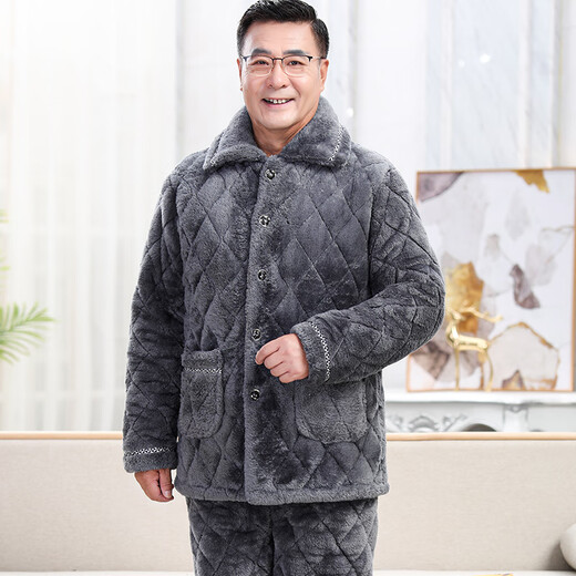 轩朵淇睡衣男冬季加厚加绒珊瑚绒三层夹棉法兰绒爸爸中老年人家居服套装 C9913#黑灰色男【长毛绒】 L(100-120斤)三层加厚