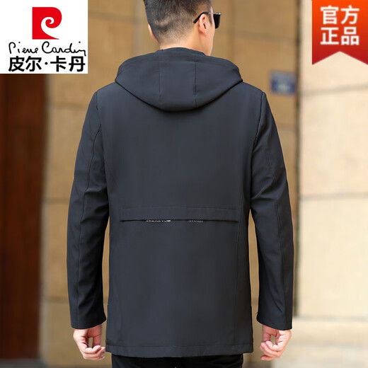 皮尔卡丹（pierre cardin）中年男士中长款连帽风衣中老年爸爸春秋外套成熟稳重休闲风衣男装 黑色《长款》 连帽 185/XXL