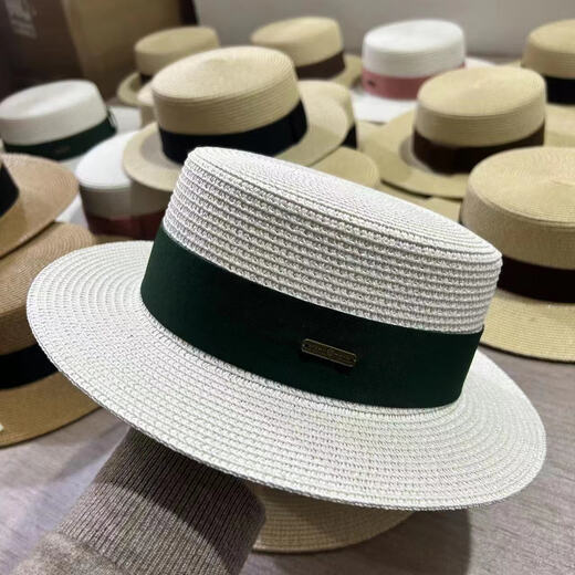 ALBINELE新款草帽女春夏日系平顶礼帽可调节法式英伦遮阳防晒出游百搭海边 卡其-黑色带 M(55-60CM)可调节