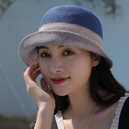 香雪羽秀日本遮阳帽子女士夏季韩版优雅百搭出游圆顶小礼帽新款防晒渔夫帽 蓝色