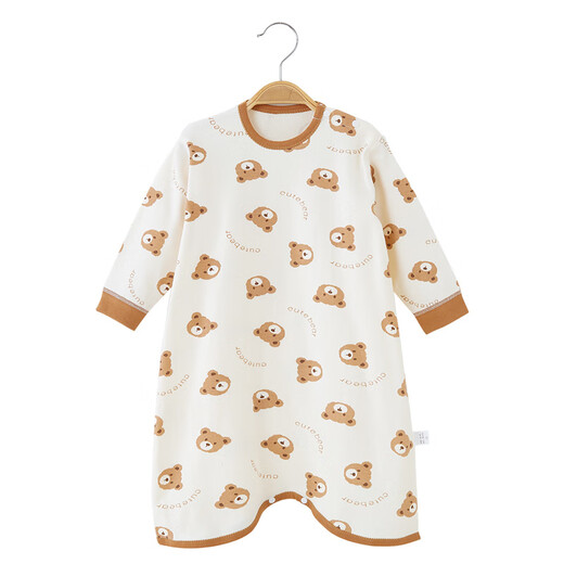 Cool rice baby nightgown anti-kick spring and autumn boys and girls pajamas jumpsuit pure cotton long-sleeved autumn baby nightgown home clothes milk tea bear 73cm