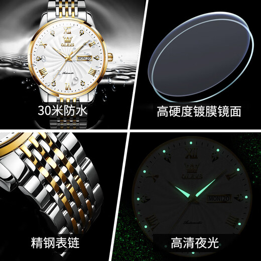 欧利时（OLEVS）品牌手表男机械表全自动夜光防水男士手表商务双日历罗马镶钻男表 6630钢带间白男表