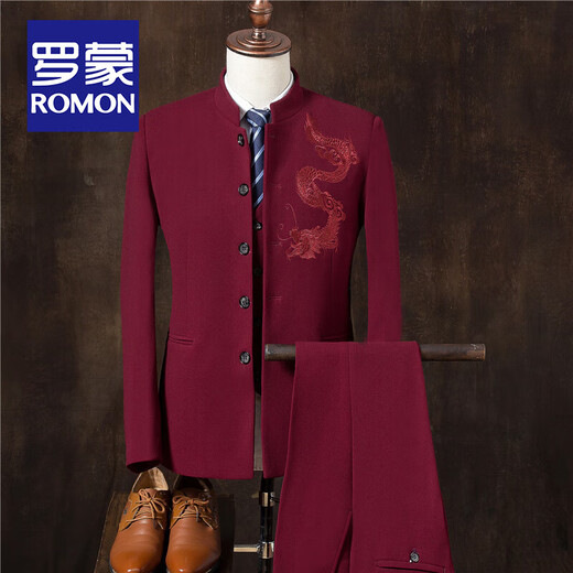 ROMON Chinese tunic suit for young men Chinese suit suit men Chinese stand collar casual jacket wedding dress two-piece trendy gray-TZ109 suit + pants XL 135Jin Jin equals 0.5 kg for inner wear