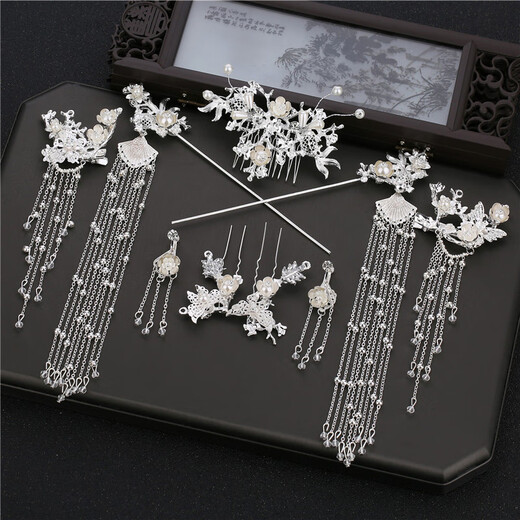 Hanfu hair crown, women's ancient style headwear, full set of ancient costumes, fairy style, tassels, rocking wig hairpin, style 1, platinum ear clip style