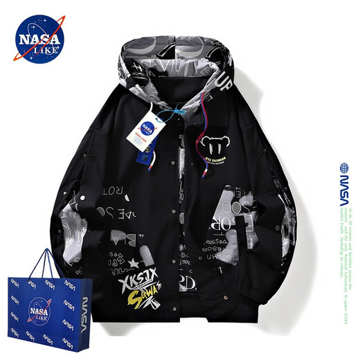 NASA LIKE官方潮牌美式假两件外套男春秋季涂鸦夹克情侣棒球服工装冲锋上衣 白色 XL