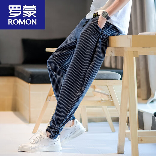 罗蒙（ROMON）夏季中国风男装棉麻九分裤男士条纹裤子亚麻裤男宽松大码束脚裤男 983灰色 3XL 155-165