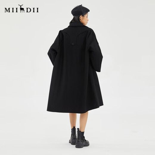 谜底2022冬季新品复古优雅长款宽松羊毛呢大衣外套女229MD6195 黑色 M