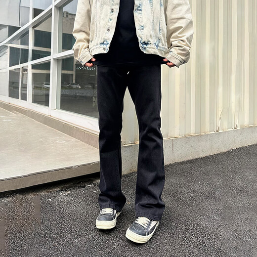 hiui怪兽实验室同款GSSYS美式巴黎弯刀微喇弹力显瘦百搭黑色牛仔长裤 黑色 L 【推荐100-110斤】