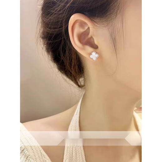 Fat Donglai same style four-leaf clover 18K gold same style red agate for women simple light luxury inlaid mother-of-pearl plated Chinese Valentine's Day 9mm red agate stud earrings (rose gold)