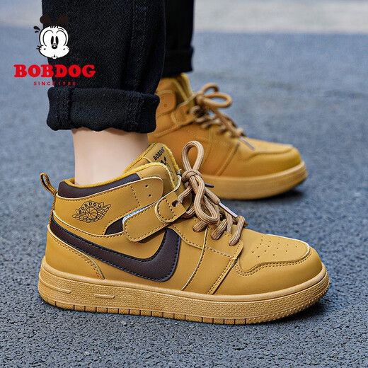 巴布豆（BOBDOG）童鞋男童板鞋秋冬季加绒中大童保暖二棉鞋韩版儿童运动鞋女旅游鞋 BBD-TS6227土黄【加绒】 28码